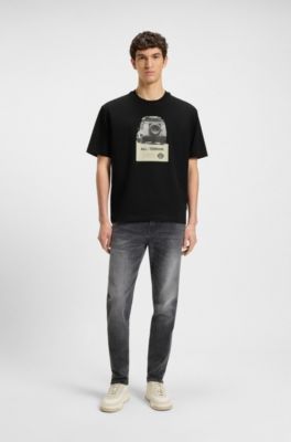 Camiseta relaxed fit en punto de algod&oacute;n con logo estampado, Negro