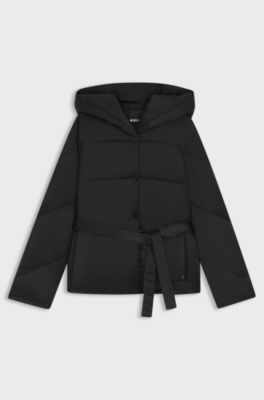 Water-repellent quilted jacket with belt, Black