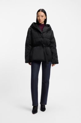 Water-repellent quilted jacket with belt, Black