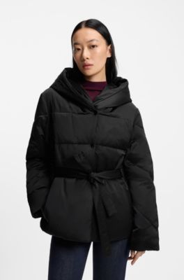 Water-repellent quilted jacket with belt, Black