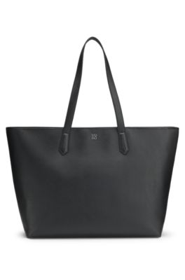 Grained faux-leather tote bag with stacked-logo trim, Black