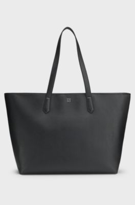 Borsa tote in similpelle martellata con logo scomposto, Nero