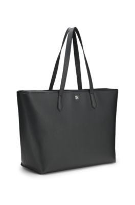 Grained faux-leather tote bag with stacked-logo trim, Black