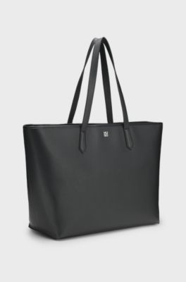 Grained faux-leather tote bag with stacked-logo trim, Black