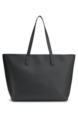 Grained faux-leather tote bag with stacked-logo trim, Black