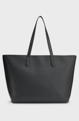Grained faux-leather tote bag with stacked-logo trim, Black
