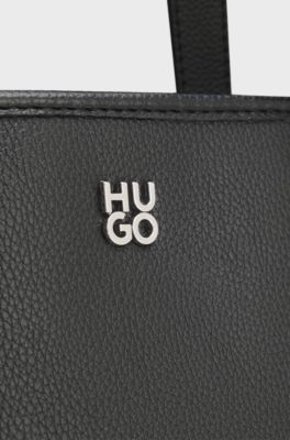 Grained faux-leather tote bag with stacked-logo trim, Black
