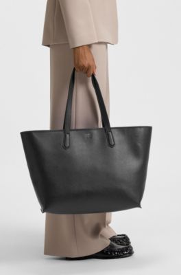 Grained faux-leather tote bag with stacked-logo trim, Black