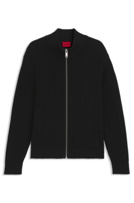 Cotton zip-up jacket with ribbed knit, Black
