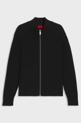Cotton zip-up jacket with ribbed knit, Black