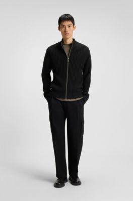 Cotton zip-up jacket with ribbed knit, Black
