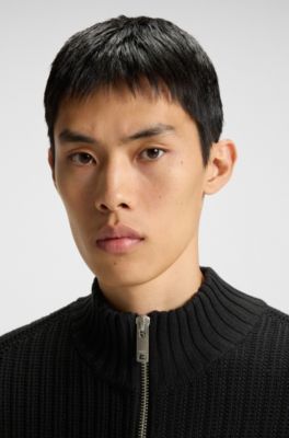 Cotton zip-up jacket with ribbed knit, Black