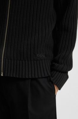 Cotton zip-up jacket with ribbed knit, Black