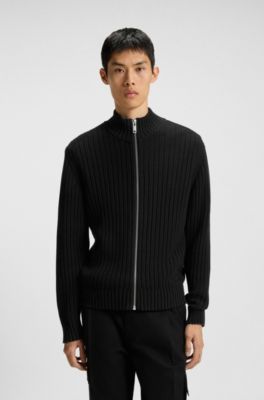 Cotton zip-up jacket with ribbed knit, Black