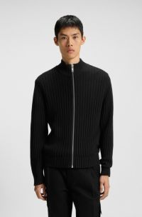Cotton zip-up jacket with ribbed knit, Black
