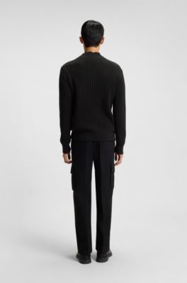 Cotton zip-up jacket with ribbed knit, Black
