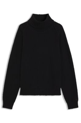 Rollneck sweater in cotton-blend boucl&eacute;, Black