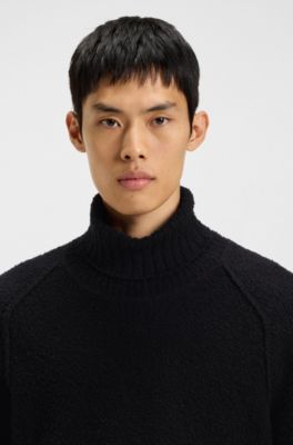 Rollneck sweater in cotton-blend boucl&eacute;, Black