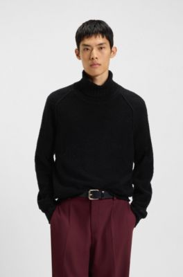 Rollneck sweater in cotton-blend boucl&eacute;, Black