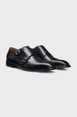 Leather monk shoes with double strap, Black