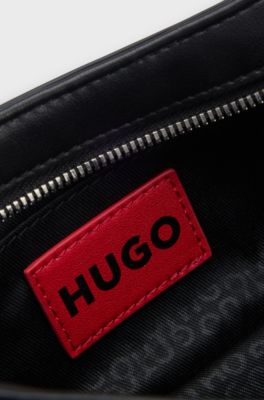 Hobo bag in faux leather with logo lettering, Black