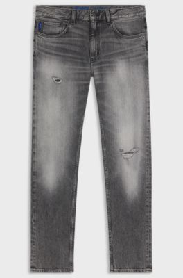 Slim-fit jeans in grey distressed denim, Grey