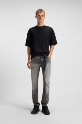 Slim-fit jeans in grey distressed denim, Grey