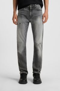 Slim-fit jeans in grey distressed denim, Grey