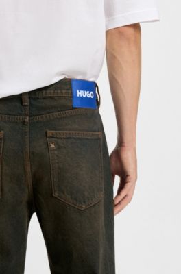 Regular-fit jeans in green-cast rigid denim, Dark Blue