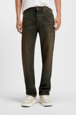 Regular-fit jeans in green-cast rigid denim, Dark Blue