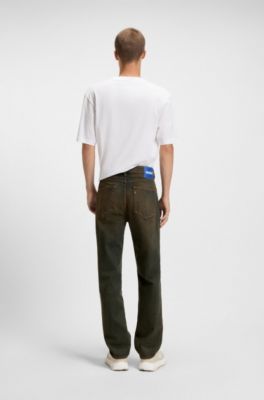 Regular fit-jeans av styv gr&ouml;n denim, M&ouml;rkbl&aring;