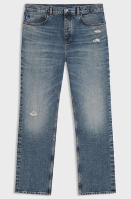Baggy-fit jeans in blue distressed denim, Blue