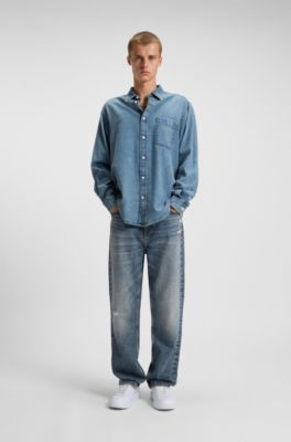Baggy-fit jeans in blue distressed denim, Blue