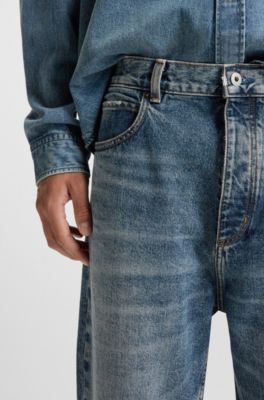 Baggy-fit jeans in blue distressed denim, Blue
