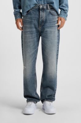 Baggy-fit jeans in blue distressed denim, Blue