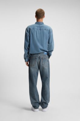Baggy-fit jeans in blue distressed denim, Blue