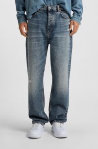 Baggy-fit jeans in blue distressed denim, Blue