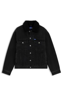 Black-denim jacket with teddy collar, Dark Grey