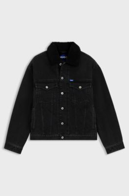 Black-denim jacket with teddy collar, Dark Grey