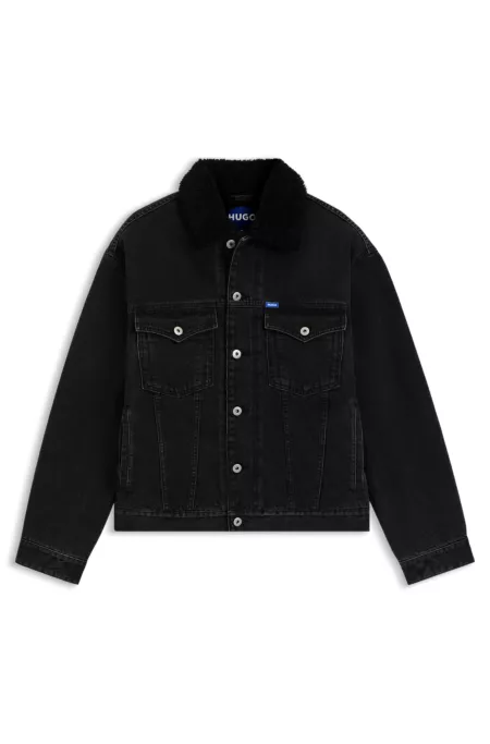 Black-denim jacket with teddy collar