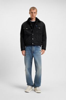 Black-denim jacket with teddy collar, Dark Grey