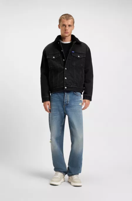 Black-denim jacket with teddy collar