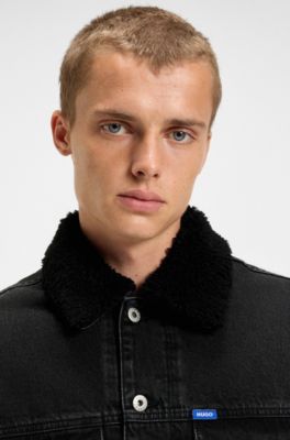 Black-denim jacket with teddy collar, Dark Grey