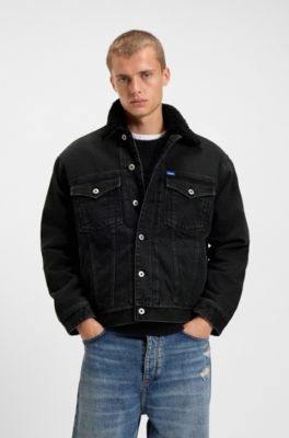 Black-denim jacket with teddy collar, Dark Grey