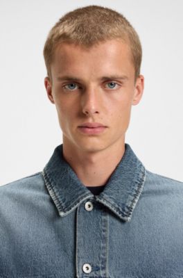 Loose-fit jacket in blue stonewashed denim, Blue