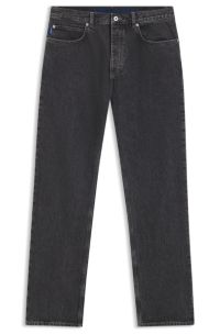 Baggy-fit jeans in black denim with faded logo, Dark Grey
