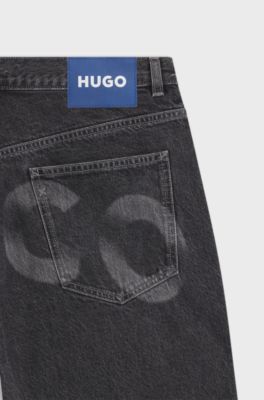 Baggy-fit jeans in black denim with faded logo, Dark Grey