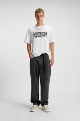 Baggy-fit jeans in black denim with faded logo, Dark Grey