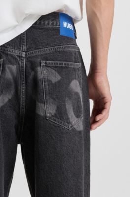 Baggy-Fit Jeans aus schwarzem Denim mit ausgebleichtem Logo, Dunkelgrau