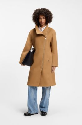 Regular-fit coat with asymmetric zip, Light Brown